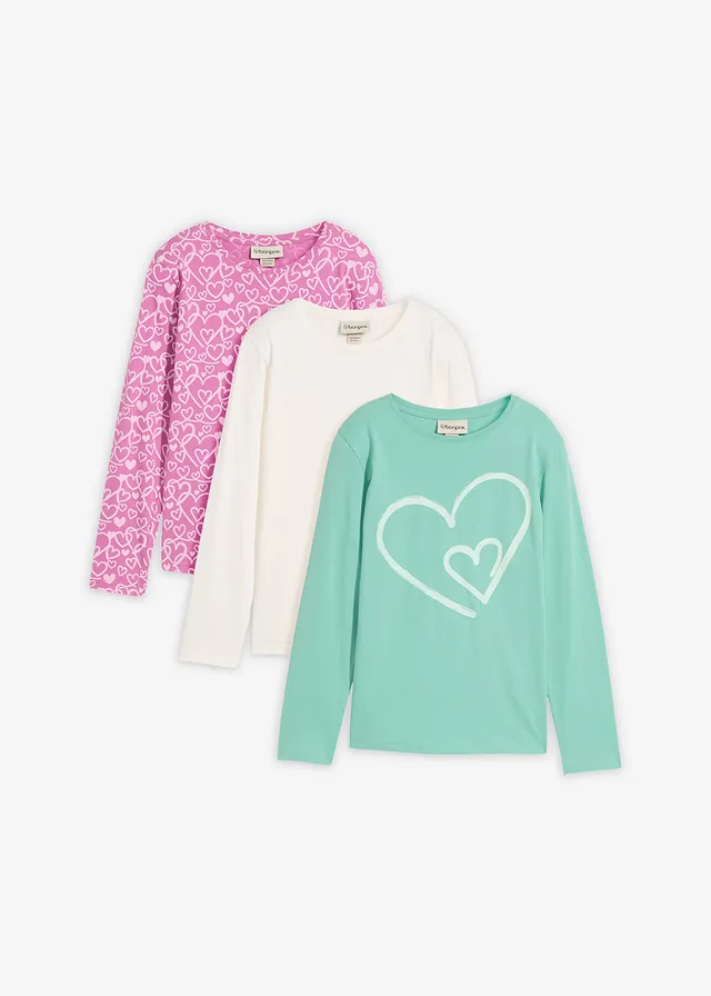 Longsleeve van biologisch katoen (set van 3), Kleur: mint+wolwit+lilapink met print
