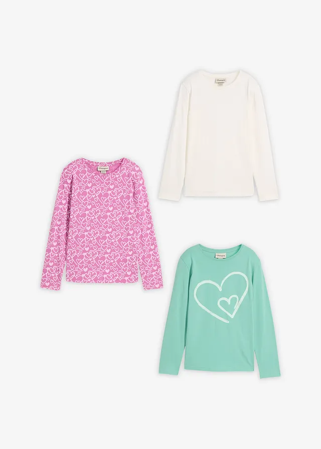 Lot de 3 T-shirts manches longues 100% coton • menthe + écru + rose lilas imprimé • Boutique bonprix