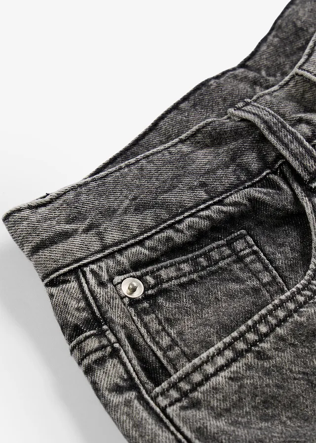 Jean cargo loose à taille réglable, droit, Couleur: noir denim used