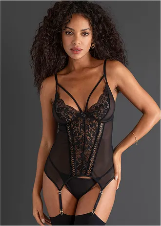 Bustier met jarretels en string (2-dlg. set), Kleur: zwart