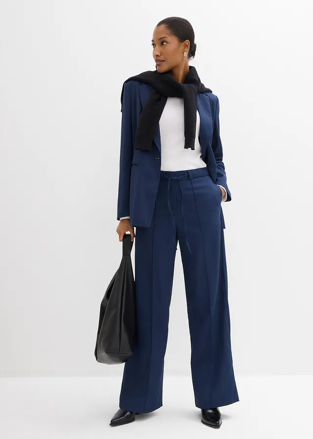 Pantalon droit à taille élastiquée bleu foncé