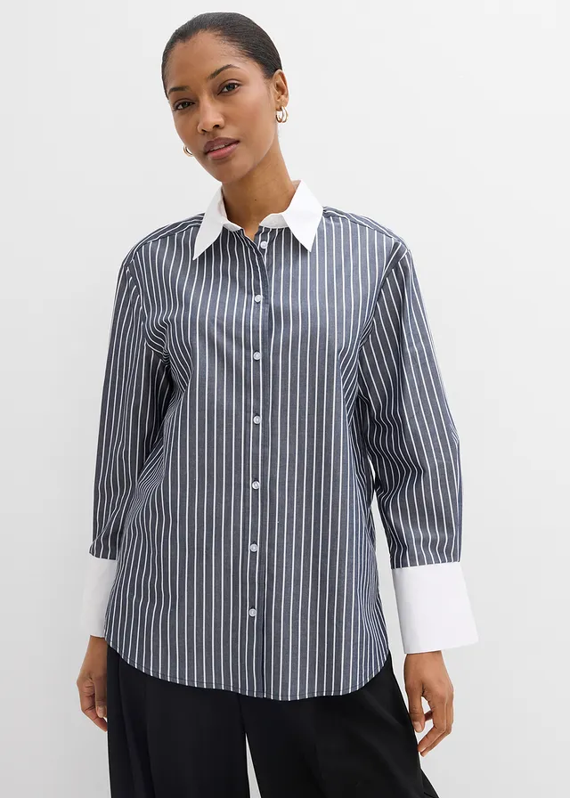 Cămașă oversize din bumbac 100% • bleumarin/alb cu dungi • magazin bonprix