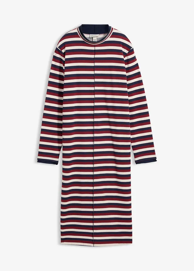 Šaty z teplákoviny • rubínově červeno-perlově bílo-tmavě modrá s proužky • bonprix obchod