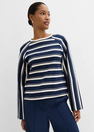 Bluză cu mâneci lungi din jerse plin • bleumarin-alb perlat dungat • magazin bonprix