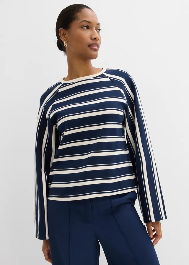 T-shirt manches longues en jersey lourd, Couleur: bleu foncé-blanc nacré rayé