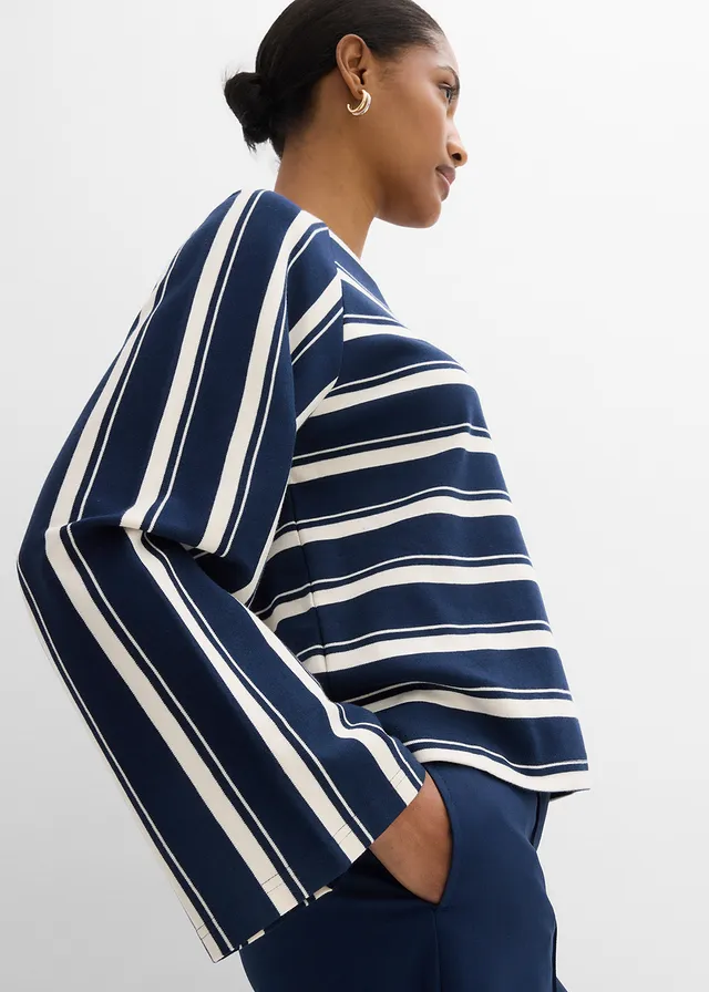 Bluză cu mâneci lungi din jerse plin • bleumarin-alb perlat dungat • magazin bonprix