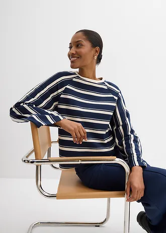 Hosszú ujjú póló nehéz dzsörzé anyagból • sötétkék-gyöngyfehér csíkos • bonprix áruház