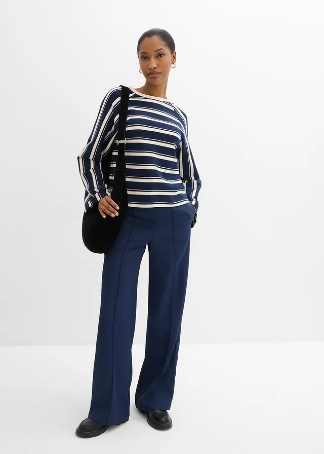 Longsleeve van zware jersey, Kleur: donkerblauw-parelwit gestreept