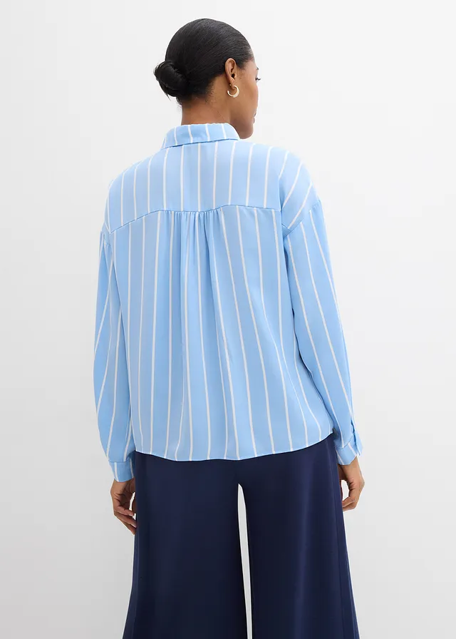 Chemisier fluide en satin, Couleur: bleu clair-blanc rayé verticalement