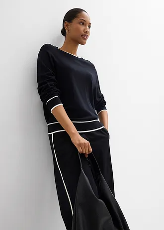 Pulover din tricotaj fin din mix de viscoză • negru/ecru • magazin bonprix