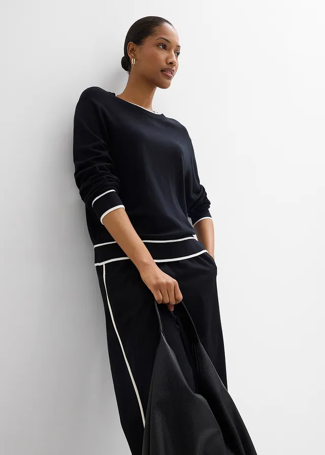 Pulover din tricotaj fin din mix de viscoză • negru/ecru • magazin bonprix