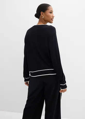 Pulover din tricotaj fin din mix de viscoză • negru/ecru • magazin bonprix