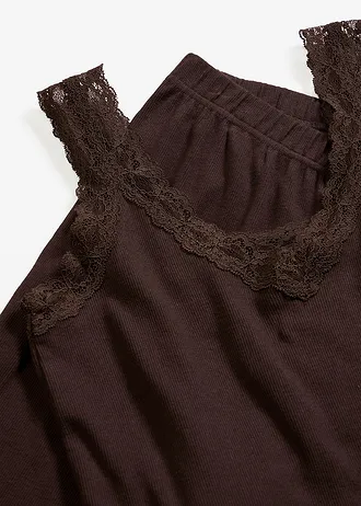 Pijama din material ripsat cu top din dantelă • maro închis • magazin bonprix