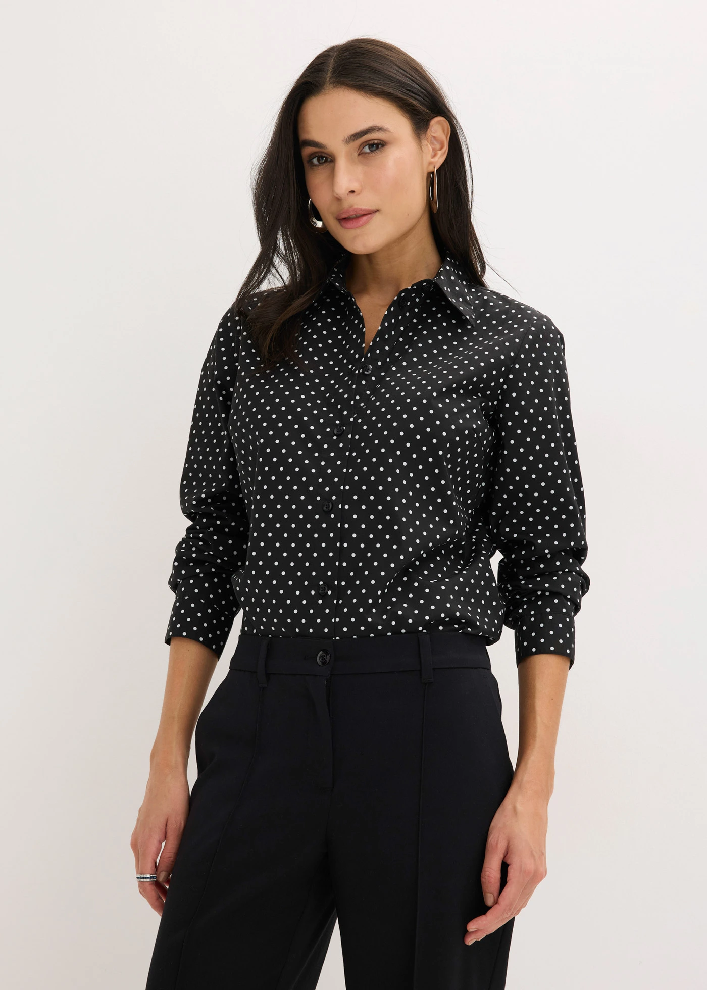 Overhemdblouses met katoen (set van 2) • wit effen en zwart-wit gestippeld • bonprix online shop