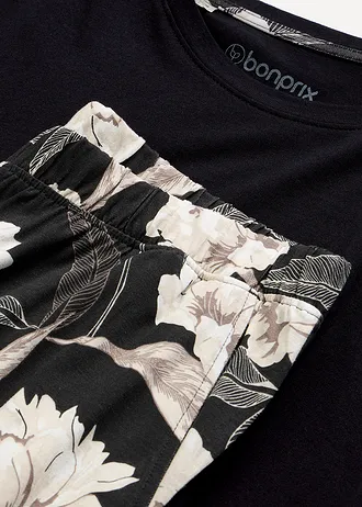 Pijama cu viscoză, pantaloni largi • negru înflorat • magazin bonprix