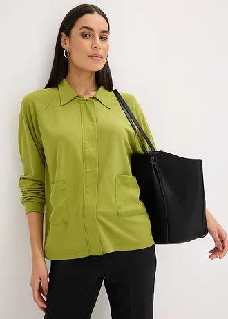 Veste légère en Punto di Roma avec bordure en satin • vert mousse • Boutique bonprix
