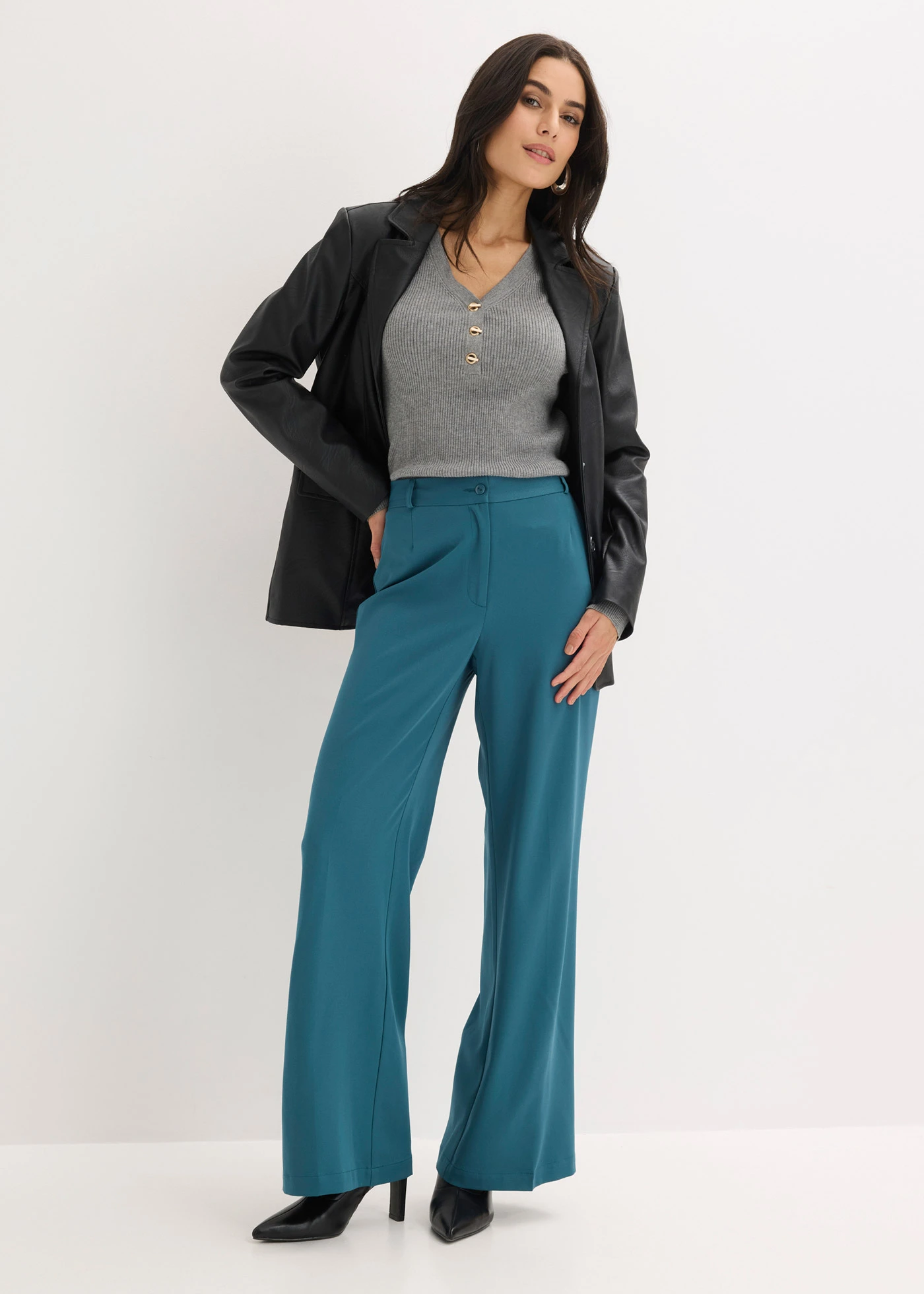 Pantalon large à pinces et taille élastiquée • vert poivre • Boutique bonprix