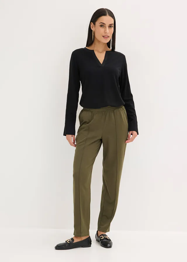 Jersey instapbroek met bies, Kleur: donkerolijfgroen