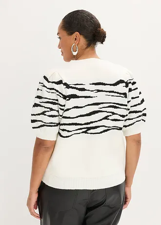 Trui met pofmouwen, Kleur: wolwit-zwart zebra