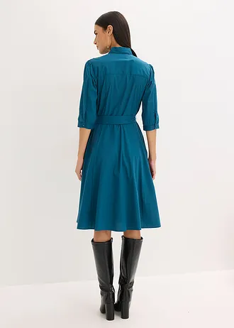 Robe-chemise avec dentelle et lien à nouer, Couleur: bleu pétrole