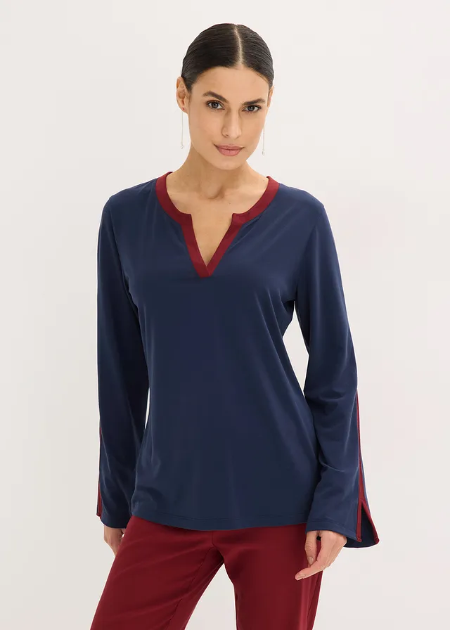 Longsleeve met split, Kleur: donkerblauw-robijnrood