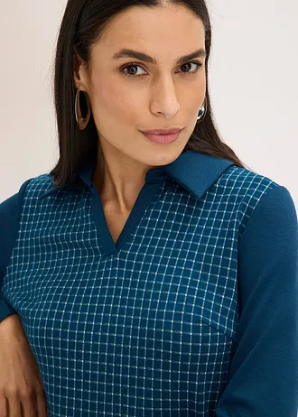 Jacquard ruha kontrasztos gallérral • olajkék-gyöngyfehér kockás • bonprix áruház