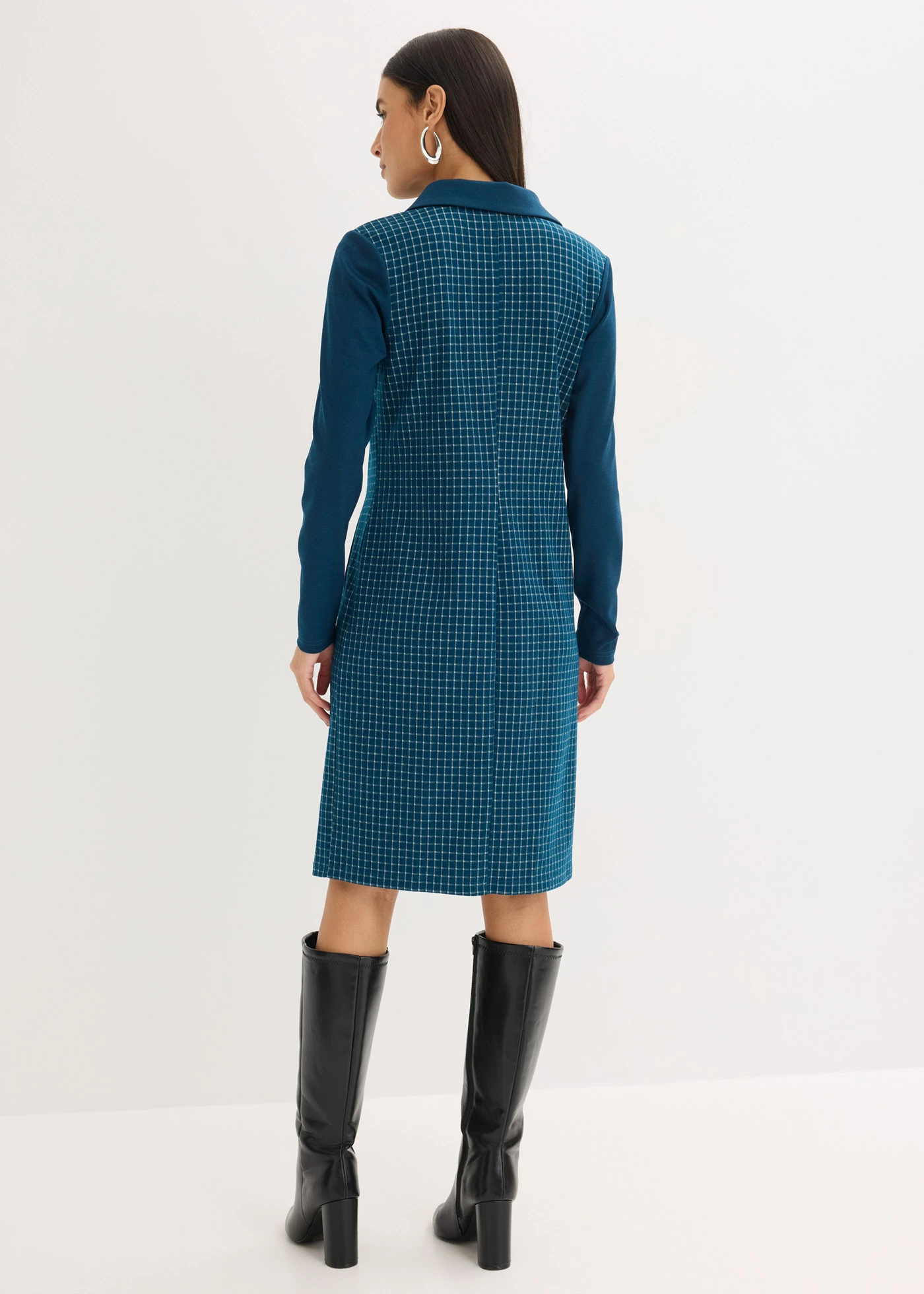 Jacquard jurk met contrasterende kraag • blauwpetrol-parelwit geruit • bonprix online shop