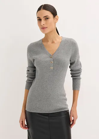 Pull côtelé en viscose mélangée, Couleur: gris chiné