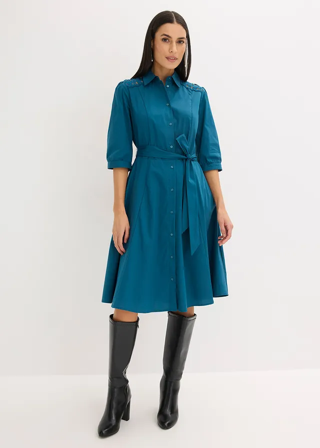 Robe-chemise avec dentelle et lien à nouer • pétrole • product-page.page-title-suffix