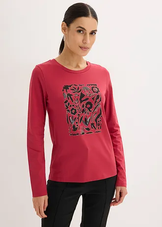 T-shirt manches longues en coton extensible • rouge cerise/doré métallisé/noir imprimé • Boutique bonprix