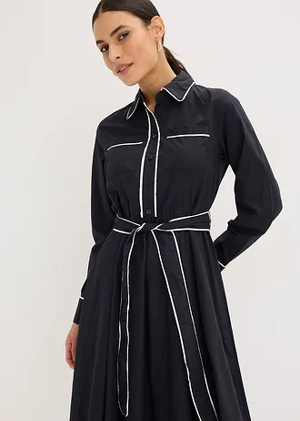 Rochie-cămașă din poplin de bumbac care nu necesită călcare • negru/ecru • magazin bonprix