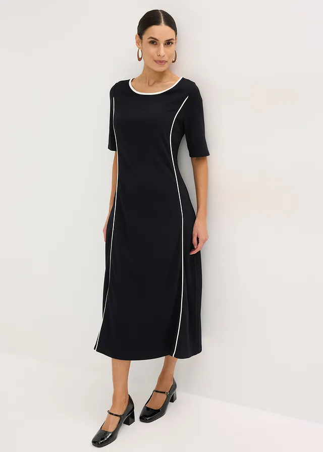 Robe midi en Punto di Roma, Couleur: noir-écru