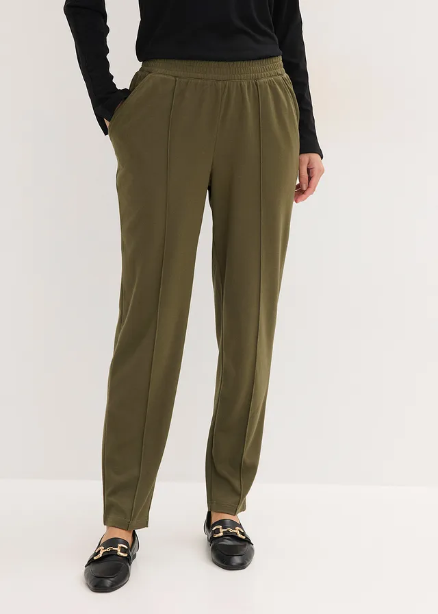Jersey instapbroek met bies, Kleur: donkerolijfgroen