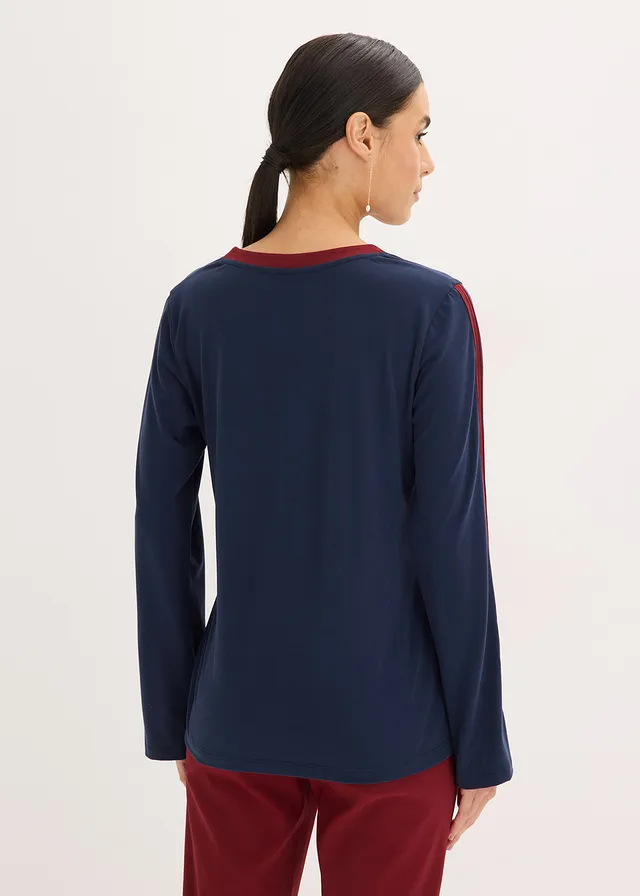 T-shirt à manches longues fendues, Couleur: bleu foncé-rouge rubis