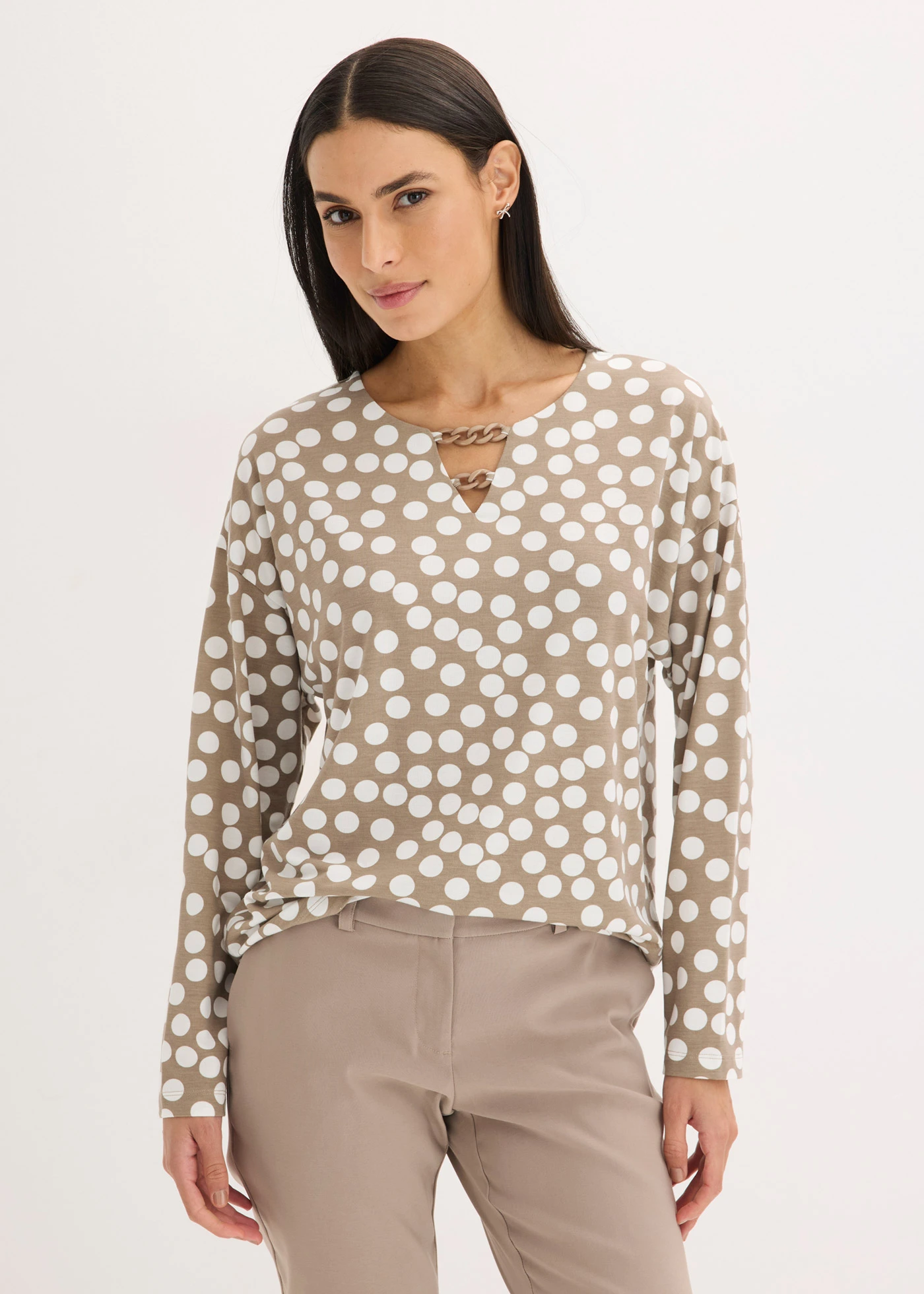 Tuniek met lange mouwen en decoratieve sierdetails • taupe-wolwit gestippeld • bonprix online shop