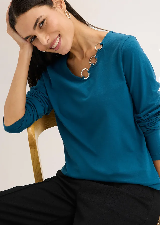 Longsleeve met eyelets blauwpetrol