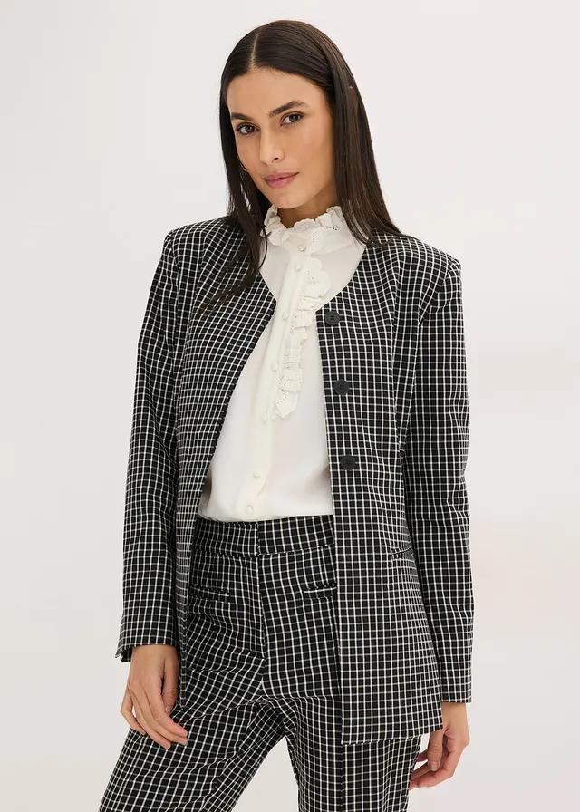 Stretch blazer van bengaline, Kleur: zwart-wolwit geruit