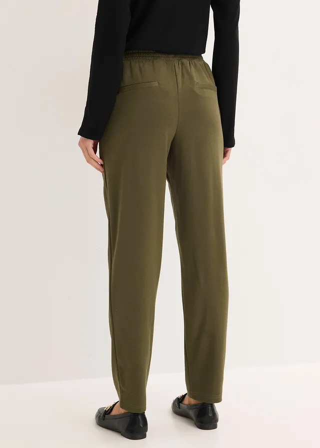 Jersey instapbroek met bies, Kleur: donkerolijfgroen