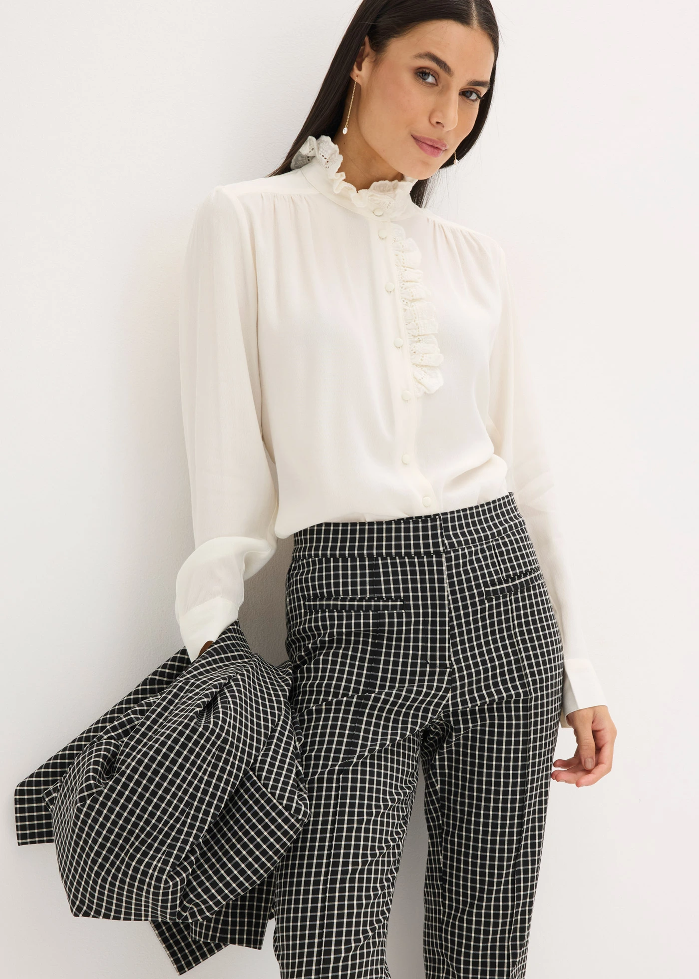 Pantalon taille extensible en bengaline • noir-écru carreaux • Boutique bonprix