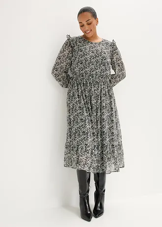Midi jurk met volants, Kleur: zwart-wit gebloemd