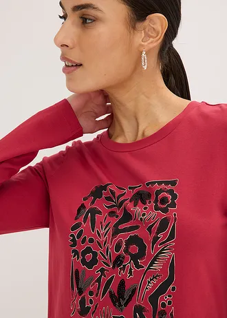 T-shirt manches longues en coton extensible • rouge cerise/doré métallisé/noir imprimé • Boutique bonprix