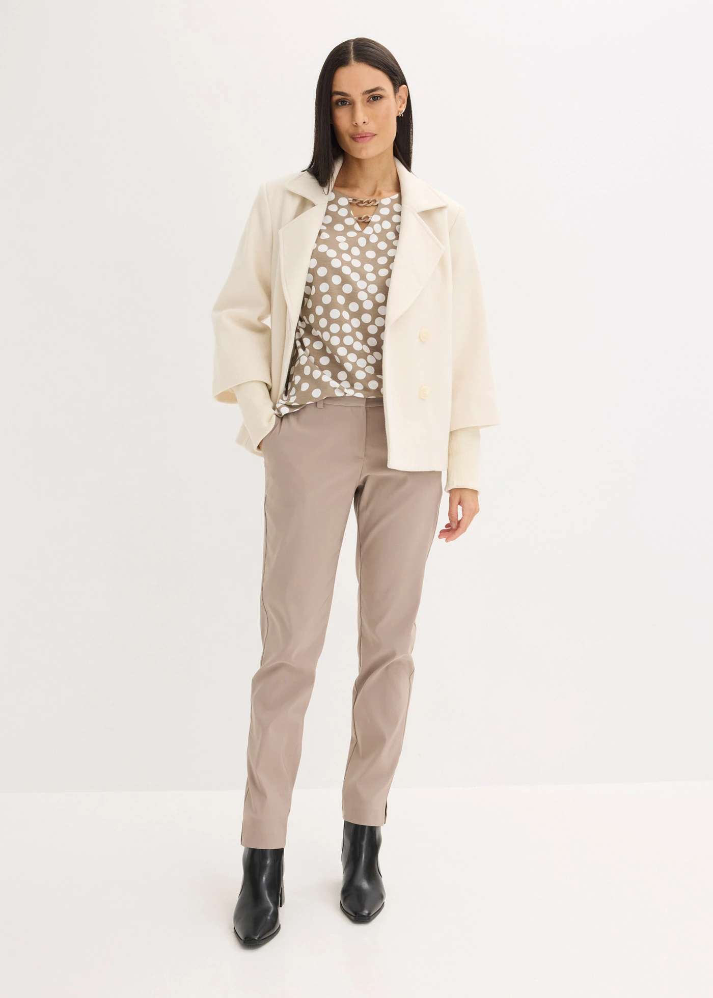 Tuniek met lange mouwen en sierdetails • gestipt taupe/wolwit • bonprix online shop