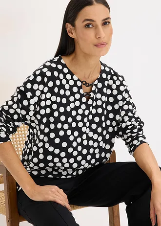 Úpletová tunika, dlhý rukáv, dekoratívny ozdobný detail • bodkované čierna   /biela vlna • obchod bonprix