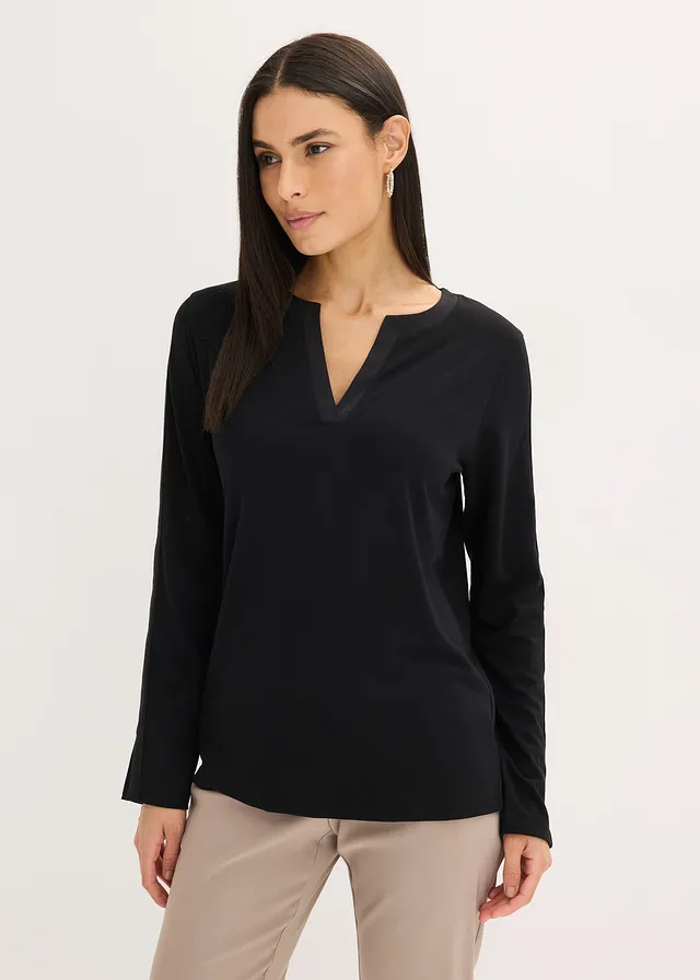 Longsleeve met satijnen versiering, Kleur: zwart