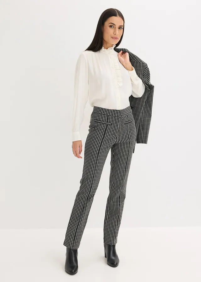 Bluză din crep vaporos negru/ecru cadrilat