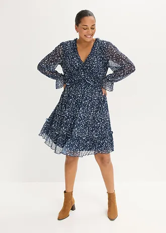 Mini jurk van mesh, Kleur: donkerblauw/wit gebloemd