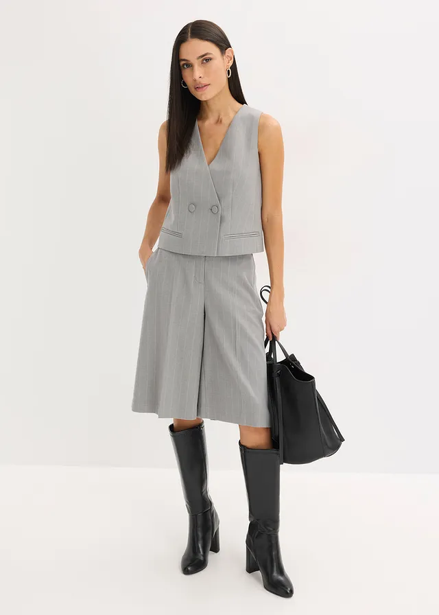 Kostuumgilet met krijtstrepen, Kleur: grijs-beige gestreept