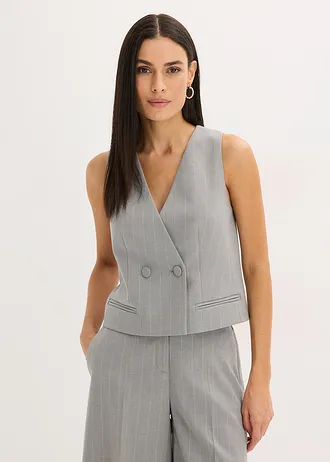 Kostuumgilet met krijtstrepen, Kleur: grijs-beige gestreept