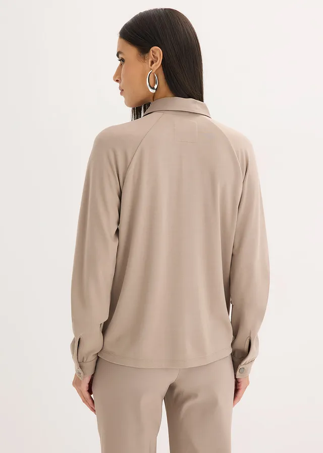 Veste légère en Punto di Roma avec bordure en satin • taupe • product-page.page-title-suffix