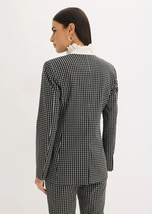 Stretch blazer van bengaline, Kleur: zwart-wolwit geruit